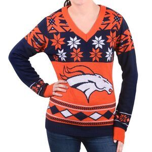 Women's Denver Broncos NFL Ugly Christmas  V-Neck Sweater Size L